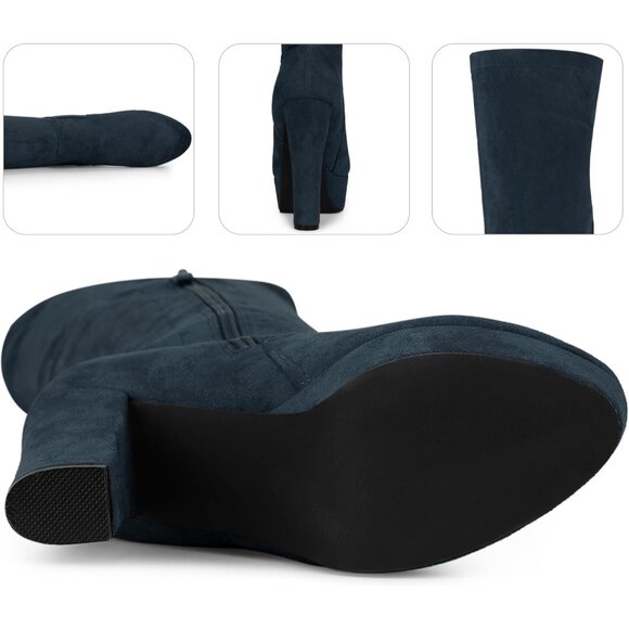 Women Navy Blue Suede Chunky Heel Rounded Toe Over the Knee Thigh High Boots - Picture 3 of 4